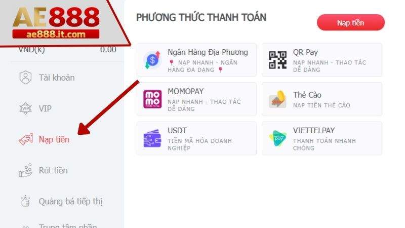Đăng nhập vào trang chủ và chọn nạp tiền
