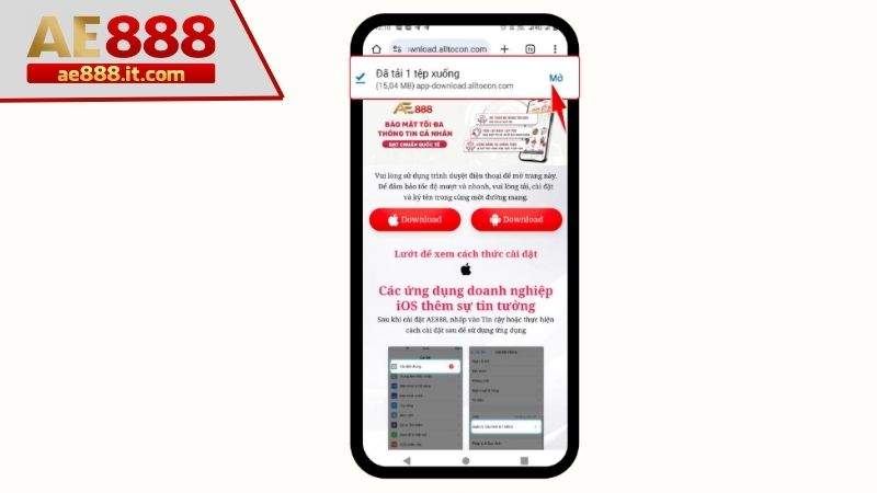 Nhấn mở để vào ứng dụng AE888